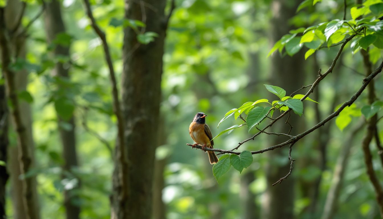 Een vogel zingt in een rustig bos.