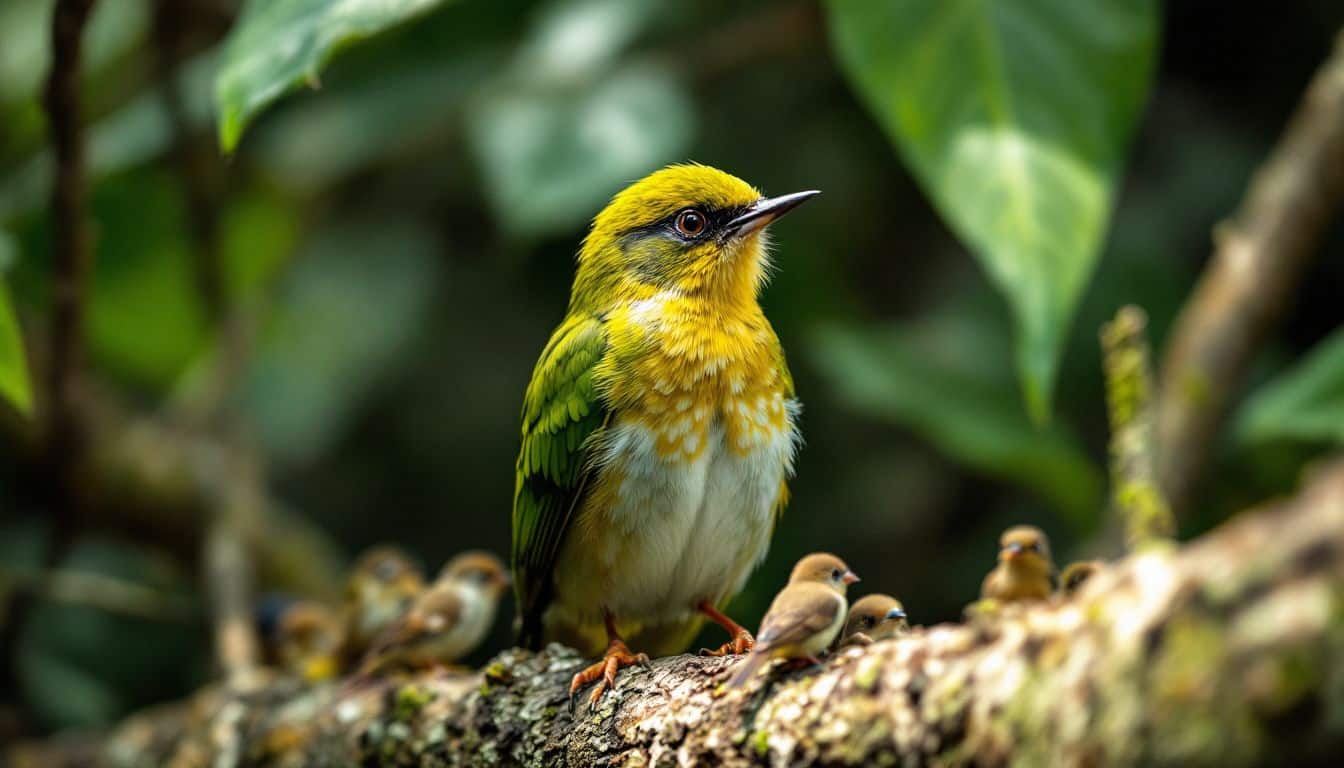 Een close-up foto van een moss-groene bladkoning vogel in een dicht bos.