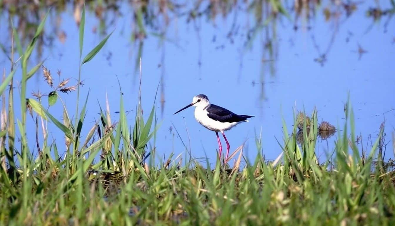 Een kleine Lymnocryptes minimus steltvogel in een moerasachtige omgeving.