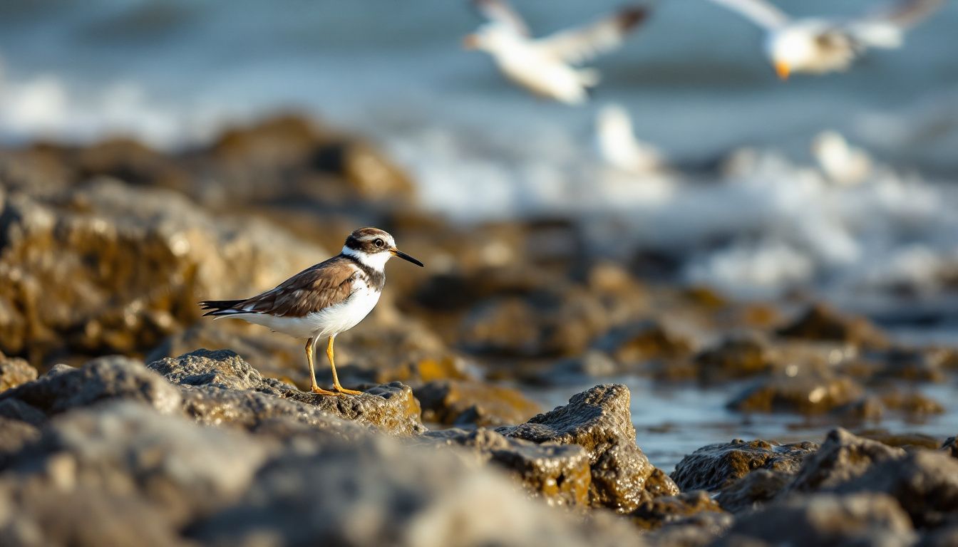 Een bontbekplevier roept vanaf een rotsachtige kust in een natuurreservaat.