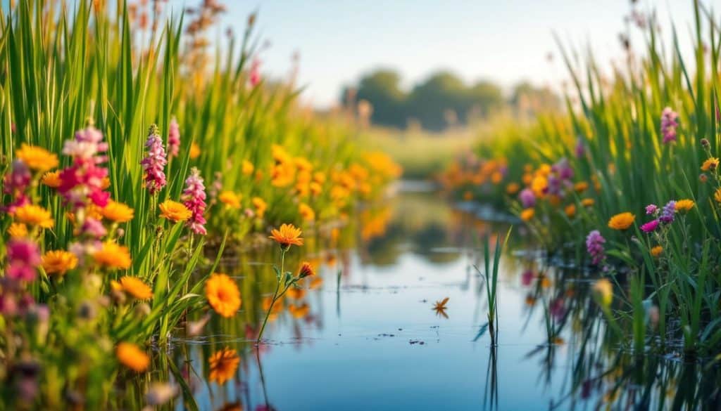 Een vredig moeras met wilde bloemen en rietvogels bij zonsopgang.