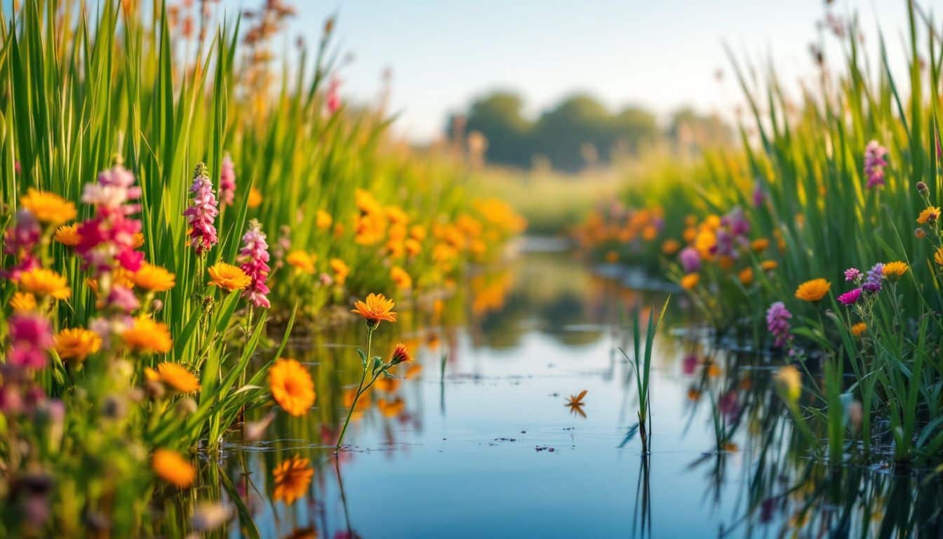 Een vredig moeras met wilde bloemen en rietvogels bij zonsopgang.