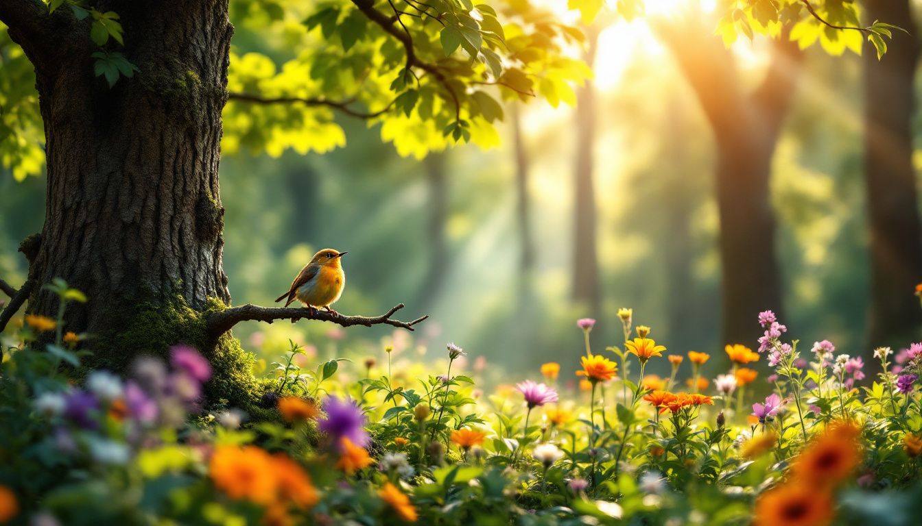 Een vredig Europees bos met een zingende vogel.
